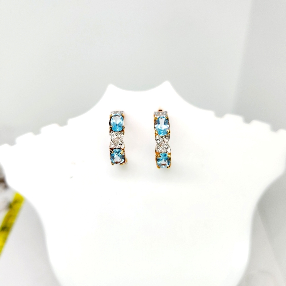 Yellow Gold Vermeil On 925 Sterling Silver Blue Topaz Diamond Chip Hoop Earrings